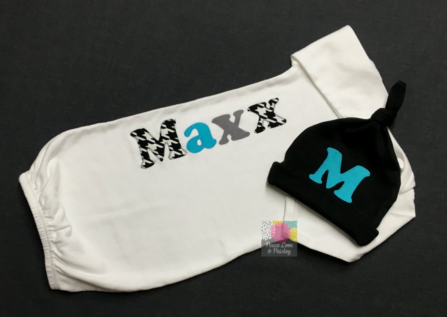 Personalized Baby Boy Gown and Hat Set Personalized Baby Boy