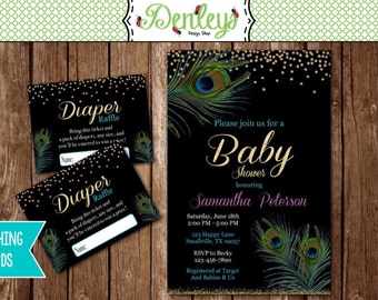 Matching Diaper Raffle Cards Available - Peacock Baby Shower Invitation (PE03)