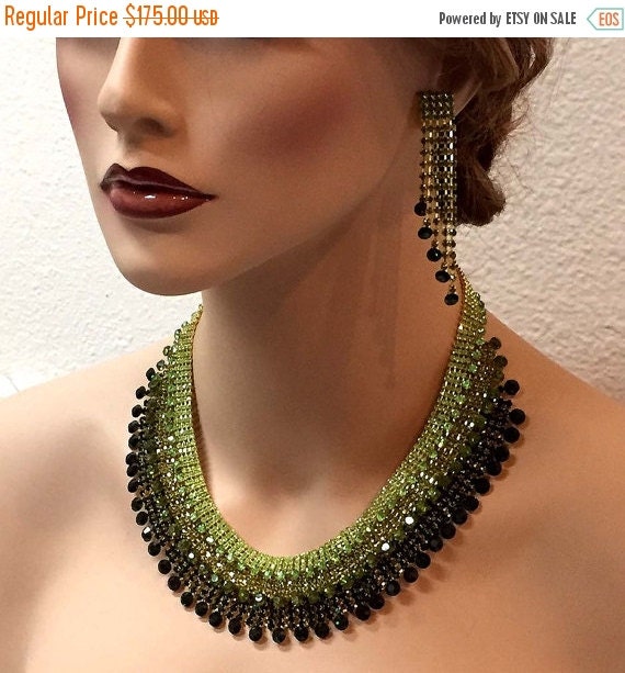 wedding jewelry set, bib necklace earrings, Chunky rhinestone necklace