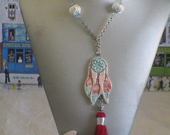 Collier pendentif connecteur en céramique avec pompon "Capteur de rêves"