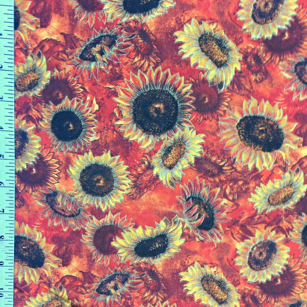 Sunflower Fabric by the yard Large gold flowers on orange