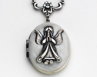 Angel Necklace, Silver Angel Locket, Angel Pendant, Guardian Angel, Antique Style, Gift, Wedding Necklace,