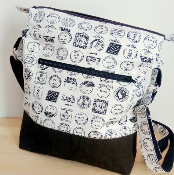 Passport Stamps, Postmarks, Mail Stamps Crossbody Bag, Waxed Canvas FabricWhite