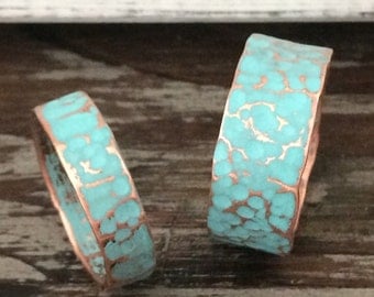 Hammered Copper Wedding Band / 8mm Ring Set - BOHO His & Hers Unique Rustic Turquoise Patina 7th Anniversary Gift
