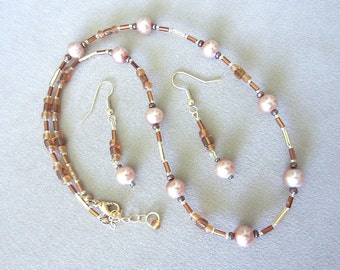 Gold Pearl & Fall Color Glass Beaded Necklace w/Earrings, Jewelry Set Earth Tones, Seed Bead Necklace, Necklace Set, Handmade Beaded Jewelry