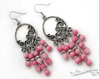 Pink chandelier earrings boho dangles pink jewelry shell earrings bohemian jewelry gypsy earrings hippie dangles long earrings gift for her