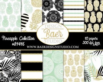 Gold Pineapple Digital Paper:Digital Paper Summer, Mint Pineapple Paper, Black and White Wide Striped Digital Paper, Palm Leaf Digital Paper