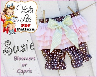 Susie, Girl's Ruffle Bloomer Pattern, Ruffle Pants Pattern, Baby Bloomer Sewing Pattern. pdf Sewing Pattern. Toddler Sewing Pattern.