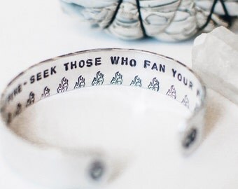 OM & Buddha inspirational Rumi quote bracelet. Set your life on fire, seek those who fan your flames. Hand stamped yoga bracelet. RTS CA004