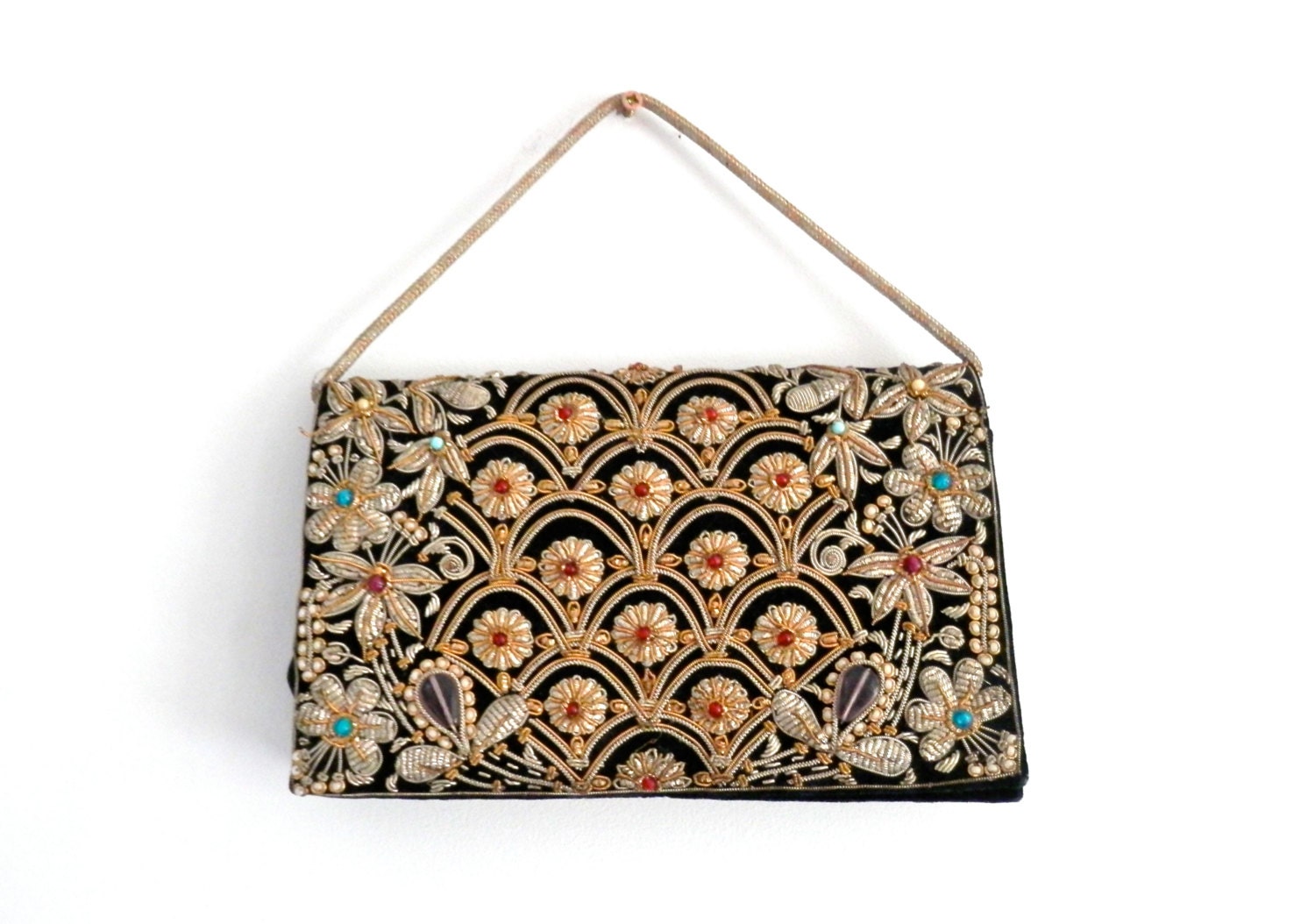 Vintage 1970s Embroidered Purse Beaded Handbag Womens