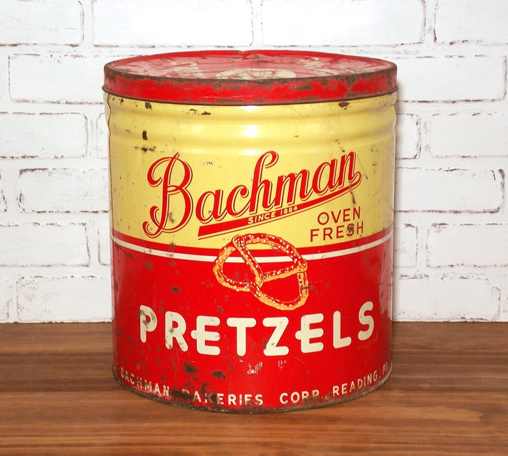 Vintage Bachman Pretzels Can Large 4.5 lb Tin with Lid
