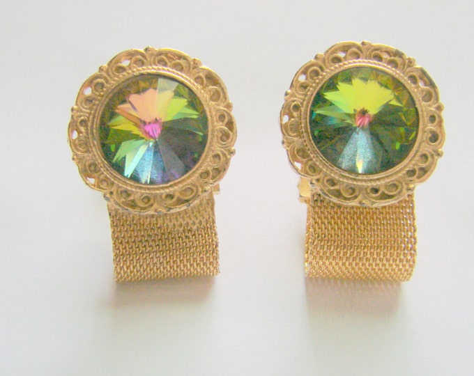 Retro Vintage Green Watermelon Volcano Rivoli Glass Mesh Wrap Cuff Links / 1960s / Wedding Groom / Groomsmen / Jewelry / Jewellery