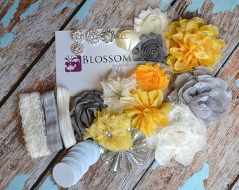 DIY Headband Making Kit - Yellow/Gray Collection - Chiffon Frayed Flowers - Shabby Rose Trim - Baby Flower Headbands - Glitter Bows Feather