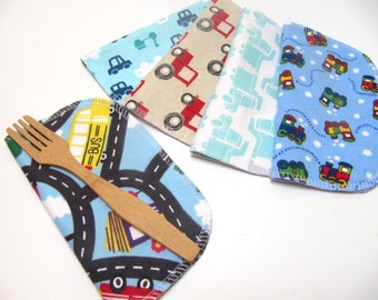 Cloth Napkins, 5 Boys Vehicle Napkins, Eco-Friendly Napkin, Car and Truck Napkins, Back To School