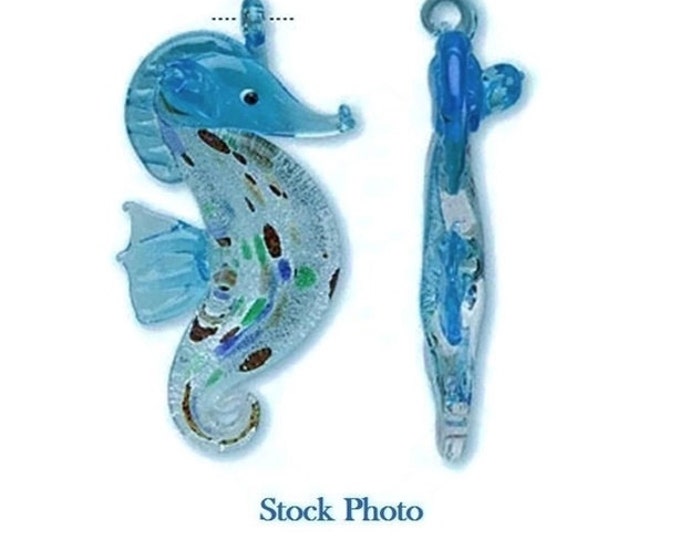 Lampwork seahorse pendant, handmade focal, glass, blue and multicolored, sea blue foil, 58x30mm seahorse