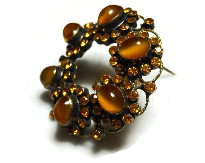 FREE SHIPPING Antique rhinestone brooch, Victorian circle pin, amber prong set rhinestones, bezel set amber art glass cabochons, brass