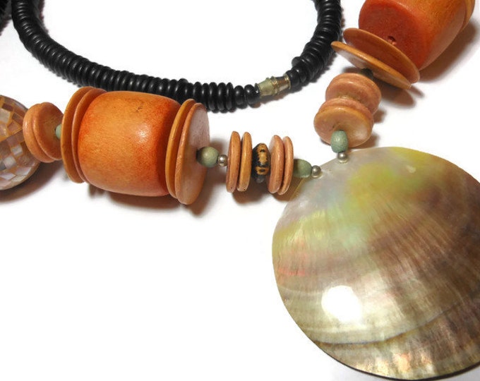 FREE SHIPPING MOP natural shell necklace, large mother of pearl featuring full shell, two mosaic large ball beads, statement piece