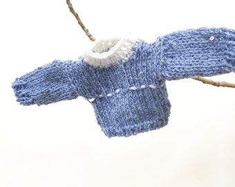 Blue Miniature Sweater- Sequinned Yarn- Baby Blue Pullover- Doll, Teddy Bear, Small Pet, Advent Calendar- Miniature Jumper