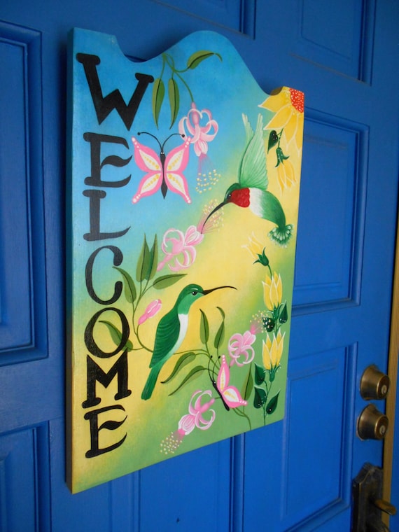 Welcome Sign Hummingbird Door Hanger Door Sign Flower