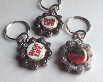 Recycled Bottle Cap and Bicycle chain keychain, key fob, zipper pull, trendy recycled accessories-Little Earth-retired stock, Greece