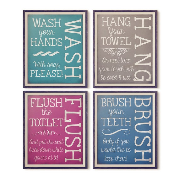 Bathroom Rules Home Decor Typography Digital Print - 4 Designs, with 4 different colors - Rustic, Vintage Chic - 8 X 10 - INSTANT DOWNLOAD Il_570xn