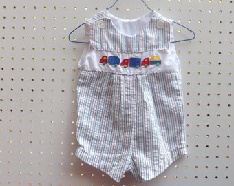 Baby Boys Clothes, Boys Seersucker Train Romper Jumper, Vintage Romper, Stripes, Classic, Baby Clothes, Vintage Kids Clothes