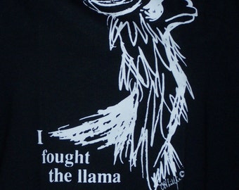 M Llama T-Shirt with original art in Black with White Printing, Adult Medium