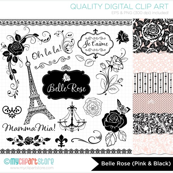 Clipart Combo - Belle Rose (Pink & Black) Clip Art / Digital Clipart - Instant Download Il_570xn