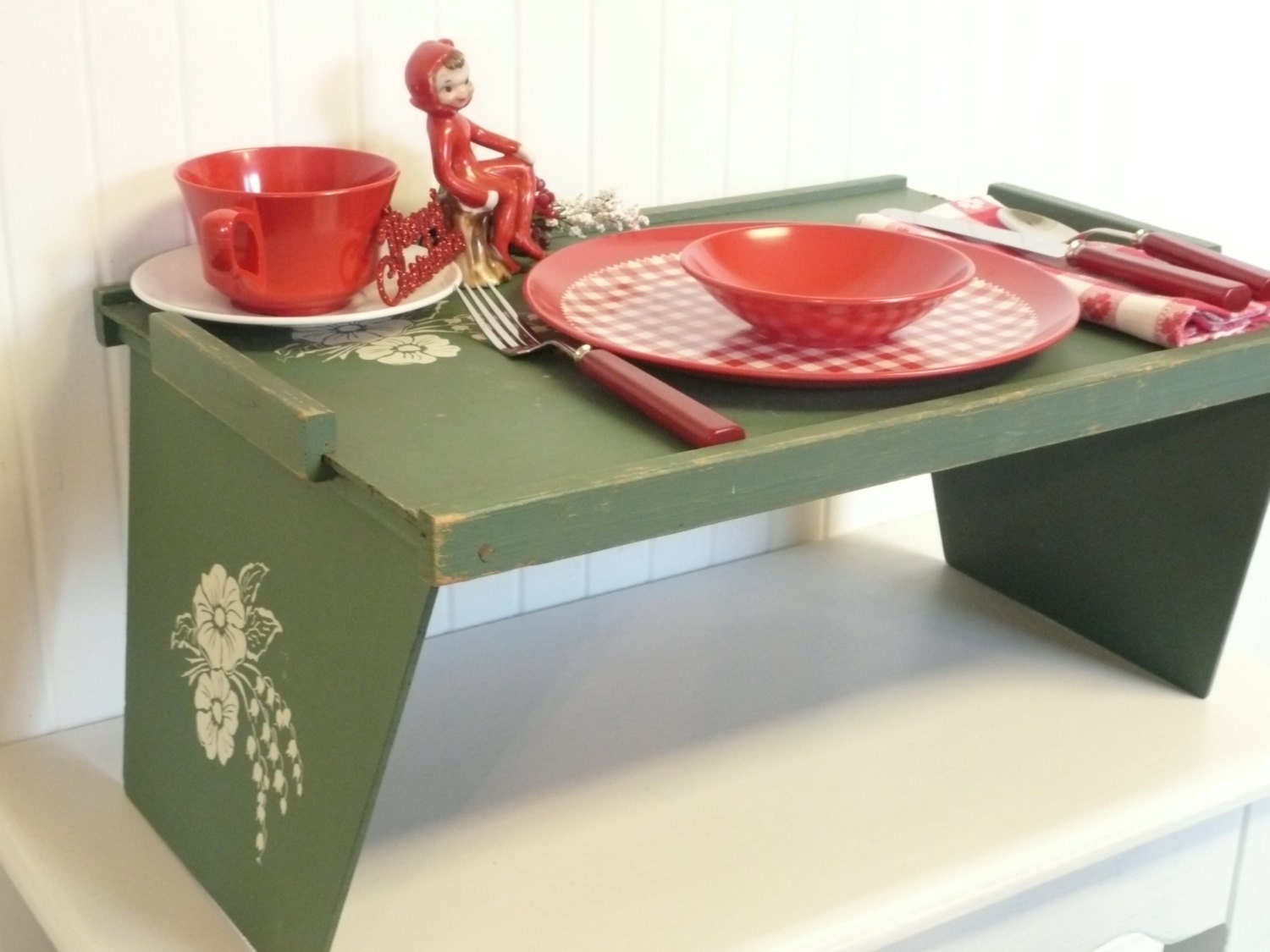 Vintage Wooden Lap Tray  Original Finish Soft Green with 