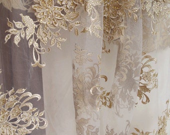metallic gold lace fabric with rhinestones, gold lace fabric with embroidered floral, golden lace fabric by the yard for couture