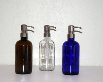 Glass Soap Dispenser - 8oz with Metal Pump, Clear, Amber or Cobalt Blue with Stainless, Copper, Bronze or Brass Pump  - 2 1/4"  by 7"