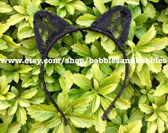 Comfortable Handmade White or Black Lace Cat Ears Headband (Thin Band) - Black Cat - Cat Ears - Bridal Headband - NEXT DAY SHIPPING