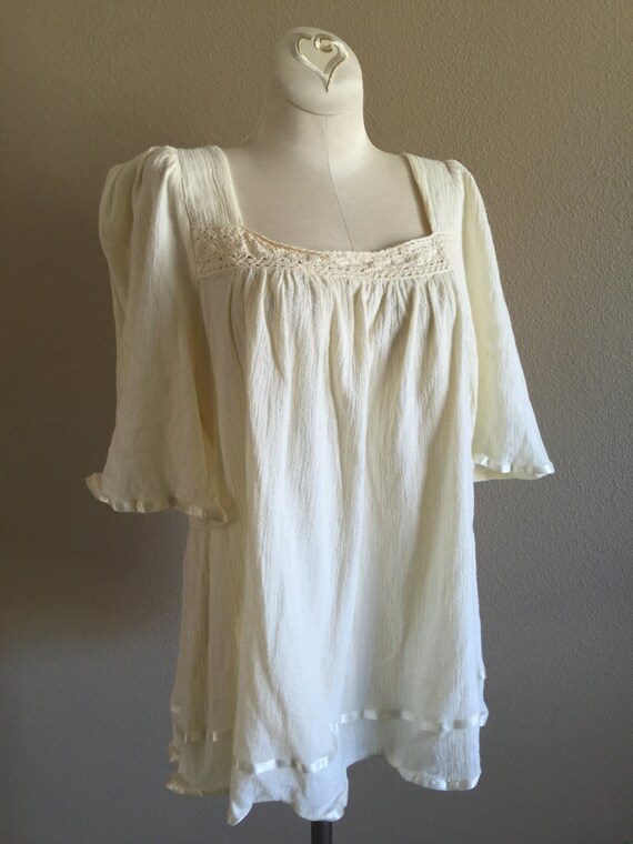 70s Unbleach Gauze Cotton Boho Hippie Peasant Blouse