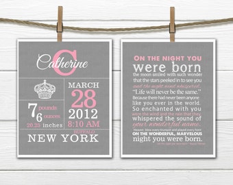 Birth Stats - Crown Birth Announcement Wall Art Set 8x10 or 11 x14