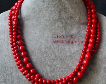 red turquoise necklace,triple strand 18 inch 6-10mm red bead necklace,statement necklace,man-made red turquoise necklaces
