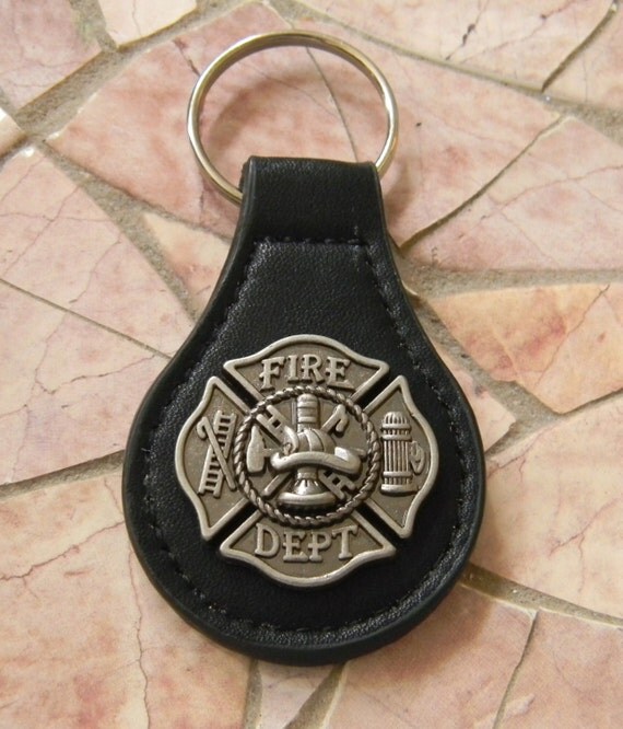 Firefighter Keychain Fireman Black Leather Key Fob Key