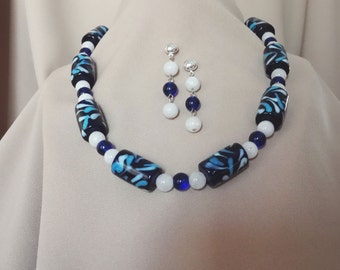 Free Shipping - Cobalt Blue Lampwork Glass and White Necklace And Earring Set