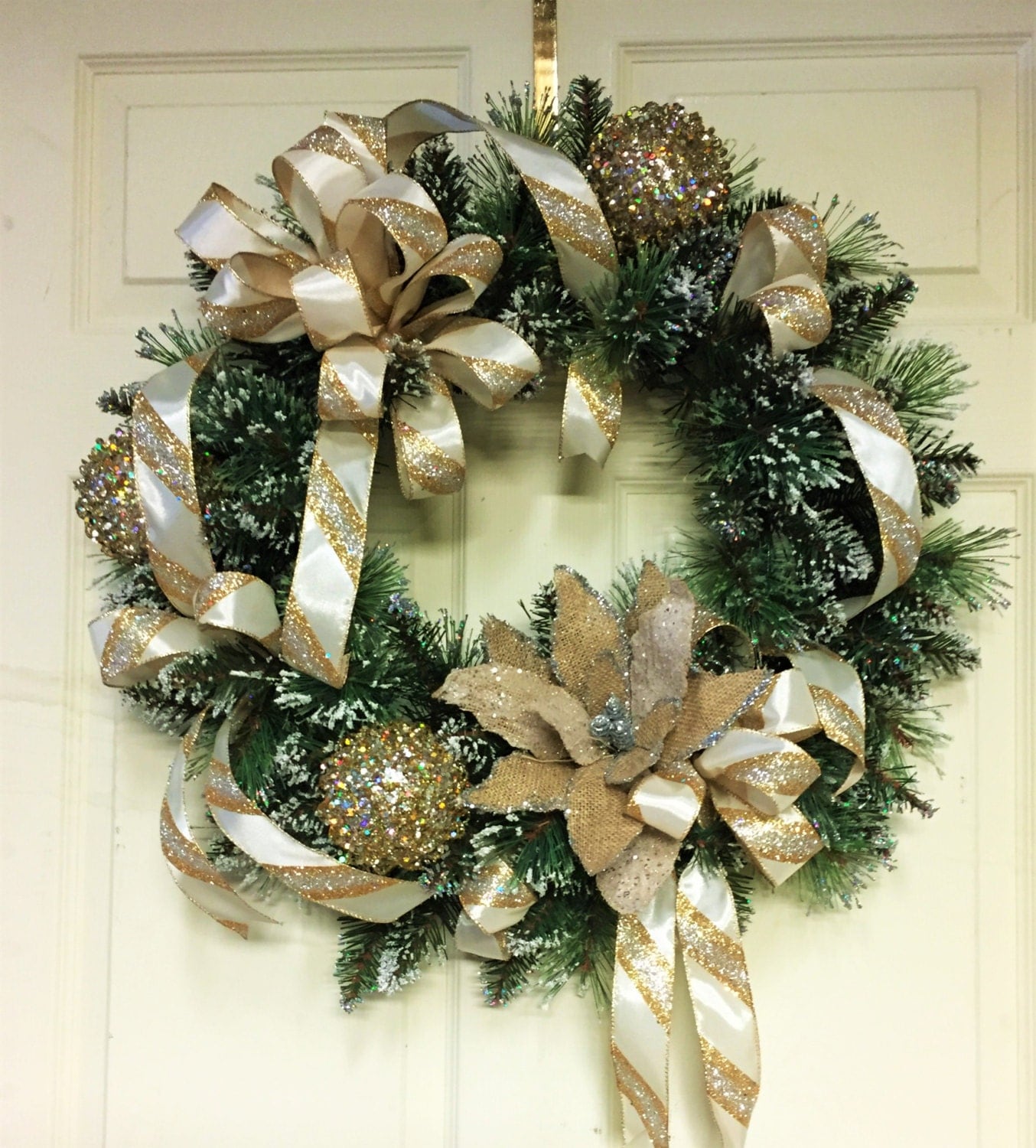 Gold silver and white Christmas Wreath by CindysSilks on Etsy