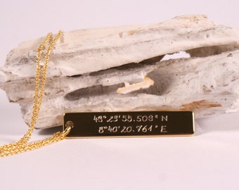 Delicate engraved necklace with coordinates, gold plated personalized necklace, necklace with name, layering necklace, friendship