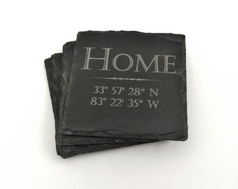 New Home Housewarming Gift Personalized, Home Coordinates Slate Coasters- Personalized and Engraved with GPS Coordinates Gift Set of 4