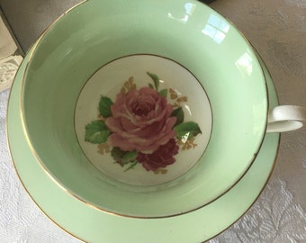 Rosina Teacup and Saucer Set Mint Green vwith Pink Roses