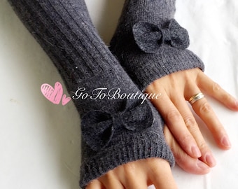 Charcoal Wool Arm Warmers- Fingerless Gloves-Knit Gloves-Dark Grey Bow Gloves.