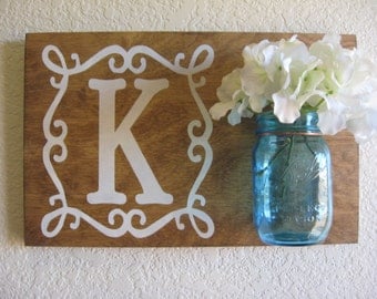 Mason Jar Wall Decor, Mason Jar Decor, Monogram Sign, Mason Jar Wall Sconce, Initial Sign, Initial Decor, Initial Wall Decor, Wood Sign