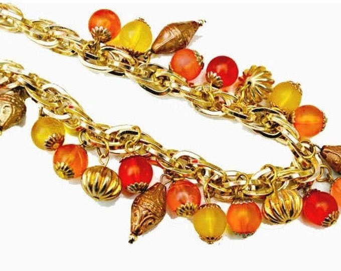 tutti fruiti bead Necklace - colorful Lucite Bead - orange yellow - gold chain collar necklace