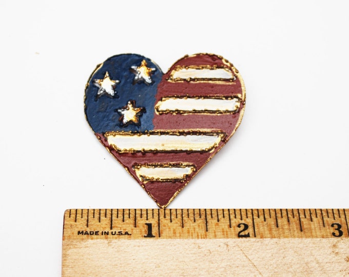 Flag Heart Brooch - Red white Blue - American flag painted on copper metal heart pin