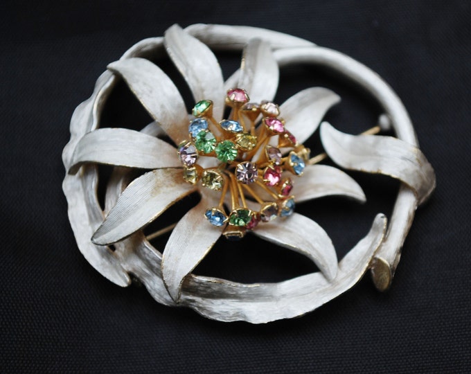 Enamel flower Brooch - white enamel on gold - colorful rhinestones -Floral pin