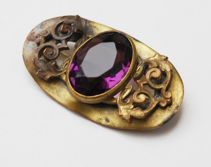 Bar Brooch -Purple Amethyst Glass - Gold filled - c-clasp - filigree leaf design