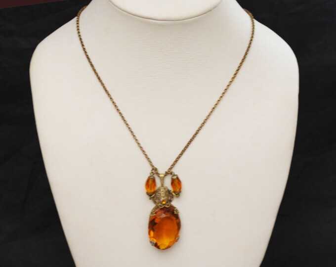 Art Deco necklace - Amber Glass Pendant - gold brass - yellow orange facet cut crystal bead