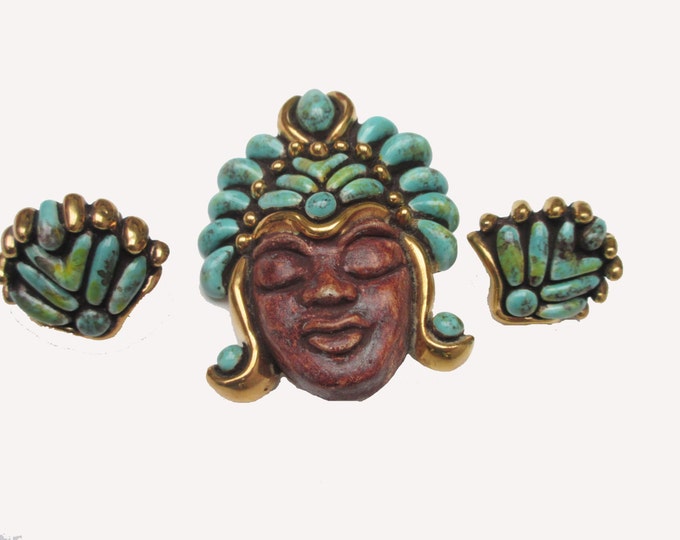 Boho Ceramic tribal face brooch and earring set