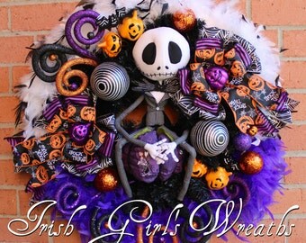 Jack Skellington Wreath, Nightmare Before Christmas Wreath, Pumpkin King Wreath, purple Halloween Wreath, Fall Swag - READY TO SHIP